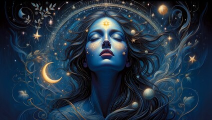 Fototapeta premium Celestial Woman Meditating Under a Starry Sky
