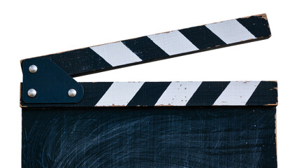 Obraz premium Black wooden clapperboard with white stripes, isolated on transparent background