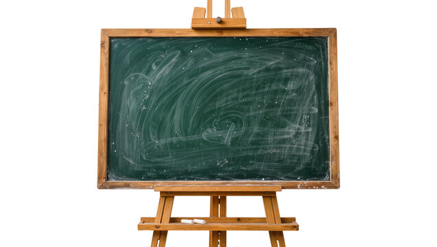 Green chalkboard with wooden frame on easel chalk dust, isolated on transparent background