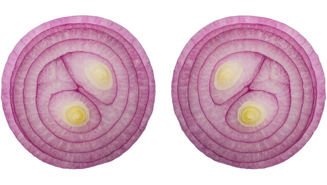 Two purple onion slices with concentric rings and yellow centers, isolated on transparent background