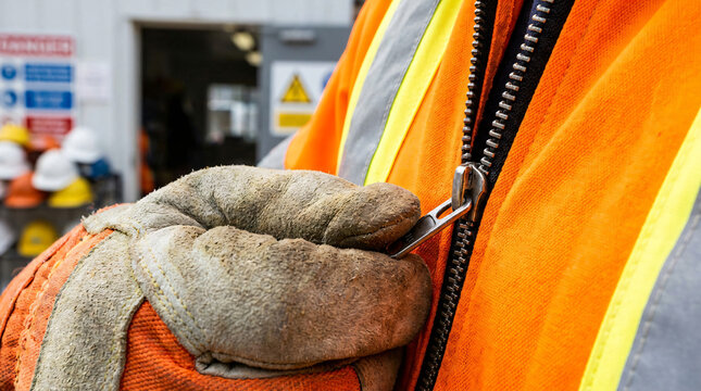 Worker in high visibility safety vest zipping up jacket | Close up of gloved hand using zipper on industrial workwear | Personal protective equipment for construction site safety