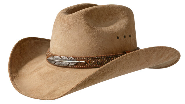 Tan suede cowboy hat with decorative feather and leather band, isolated on transparent background