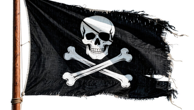Tattered black pirate flag with skull and crossbones, isolated on transparent background