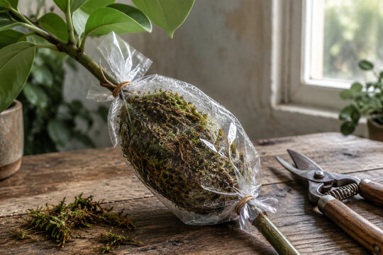 A transparent bag of damp moss wrapped around a plant stem on a rustic wooden table.