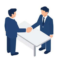 Obraz premium Two Professional Businessmen in Dark Suits Shaking Hands Over an Office Desk in an Isometric Vector Illustration Representing Successful Deal, Partnership, or Corporate Agreement
