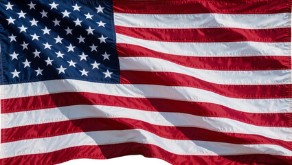 Obraz premium Waving American flag with red and white stripes and blue field with stars, isolated on transparent background