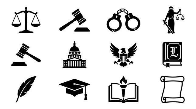 Collection of black silhouette icons representing law