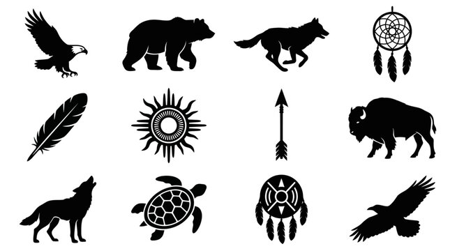 Black silhouettes of native american symbols and wildlife on white background