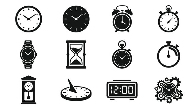 Collection of timekeeping icons in black on a white background