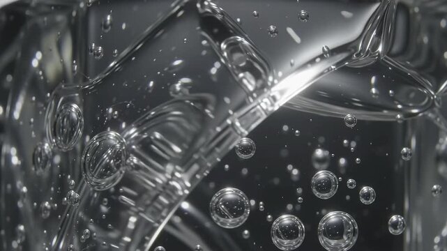 Abstract water bubbles in clear liquid, macro shot of viscous fluid texture, dark monochrome background for cosmetic and scientific concepts
