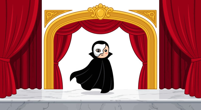 Chibi masked phantom character on red theater stage