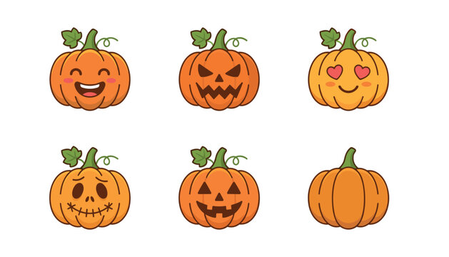 Cute halloween pumpkin emoji set vector illustration of spooky scary happy love expression jack o lantern face collection