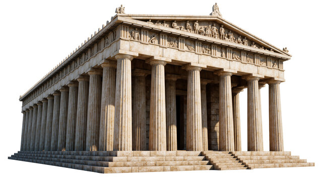 Ancient Greek temple with Doric columns and frieze sculptures, isolated on transparent background