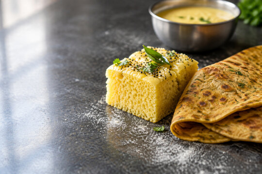 Steamed dhokla square and folded thepla flatbread on dark granite with steel bowl of batter, Indian cooking concept