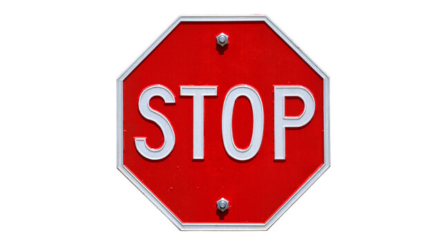 Red octagonal stop sign with white lettering, isolated on transparent background