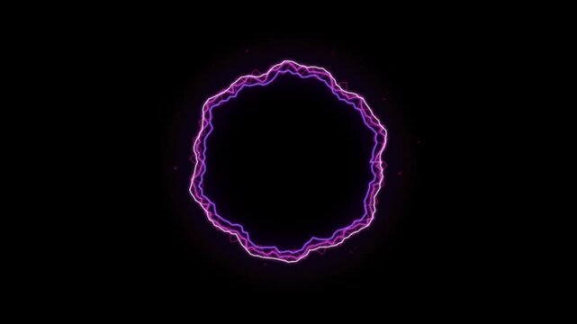 Wavy neon circle pulsates with electric purple energy around a dark center, forming an abstract sound wave and glowing border design.
