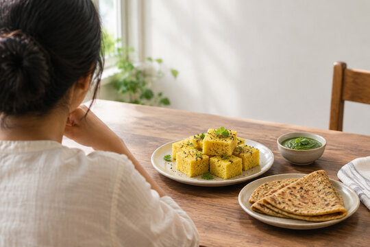 Plate of dhokla and thepla with chutney on grocery table, Indian food concept