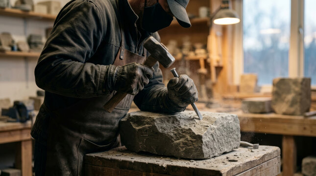 Craftsman carving stone with hammer and chisel in workshop