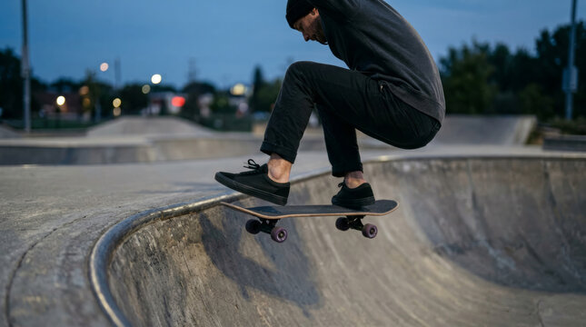 Skateboarder performs trick in concrete skatepark at dusk