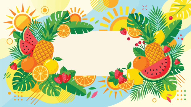 Summer background with tropical fruits and palm leaves featuring a central blank frame for your text