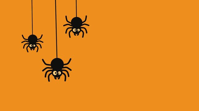 Whimsical trio of black cartoon spiders with expressive eyes hanging on a bright orange background for holiday fun.