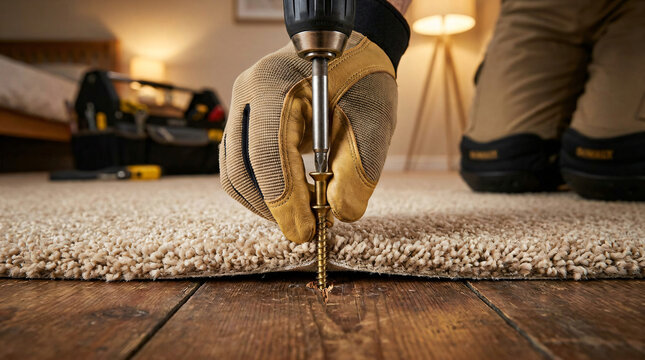 fixing squeaky floorboards through carpet | hand using power drill for home repair | professional flooring installation tools and techniques | handyman securing loose wooden floorboards