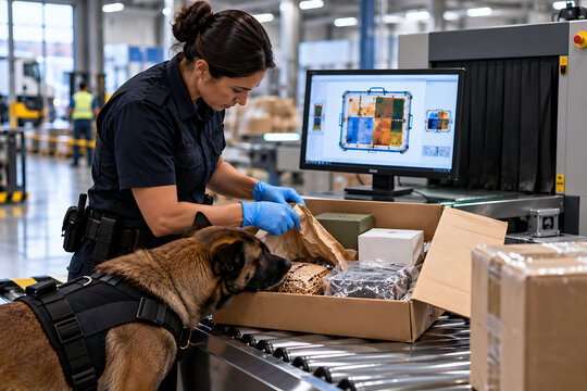 Customs Officer and Detection Dog Inspecting Cargo Shipment