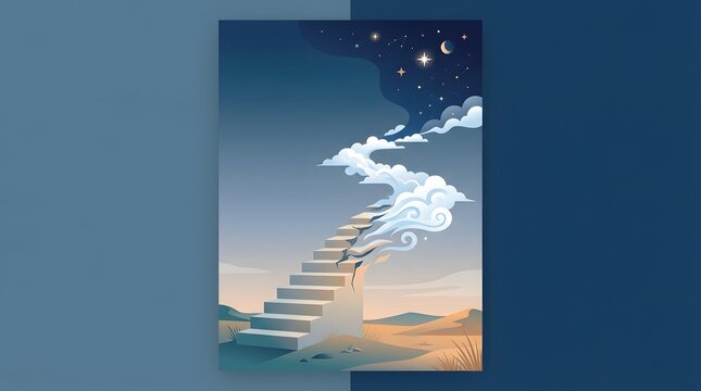 Abstract illustration of stone stairs dissolving into swirling clouds leading toward starry night sky over desert landscape.