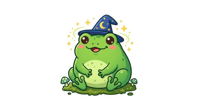 Cute Green Frog Sitting Wearing Purple Witch Hat Halloween Character