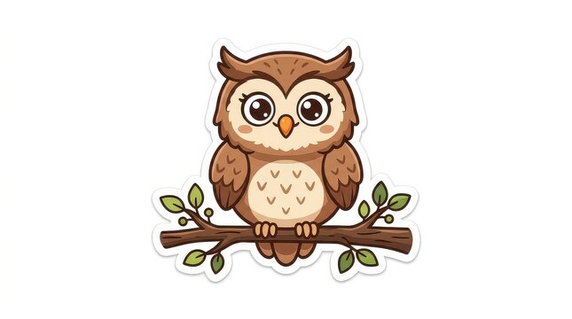Cute Cartoon Brown Owl Sitting on Tree Branch Halloween Bird Mascot