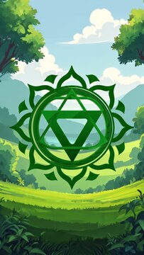 Green Heart Chakra Symbol Over Lush Landscape