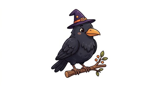 Black Crow Raven Perched on Wooden Branch Wearing Witch Hat Halloween