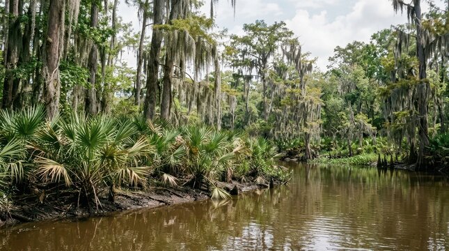 Scenic Louisiana Bayou with Cypress Trees and Spanish Moss Overlooking a Calm River in the Deep South Swamp