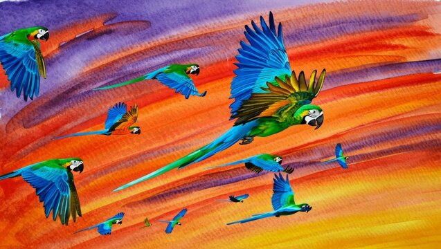 Flock of Macaws Flying at Sunset