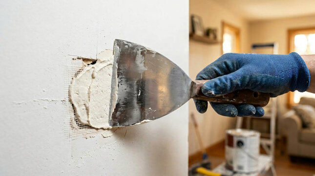 professional drywall repair using putty knife and mesh tape | hand in glove applying plaster to fix hole in wall | home interior renovation and wall maintenance project |