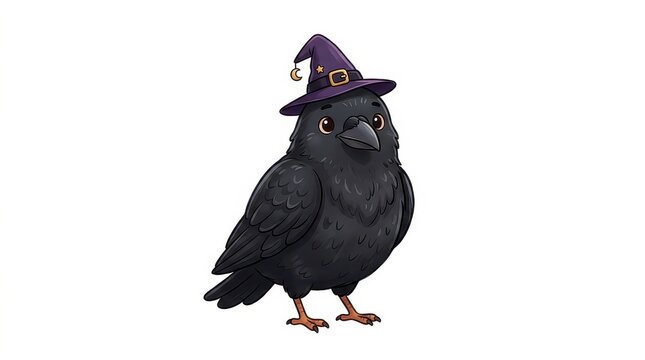 Black Crow Raven Bird Perched Wearing Purple Witch Hat Halloween