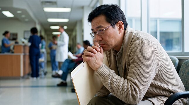 caregiver stress hospital waiting family man results worry exhaustion elderly showing a concerned family member holding a medical folder while waiting in a hospital corridor for burnout awareness