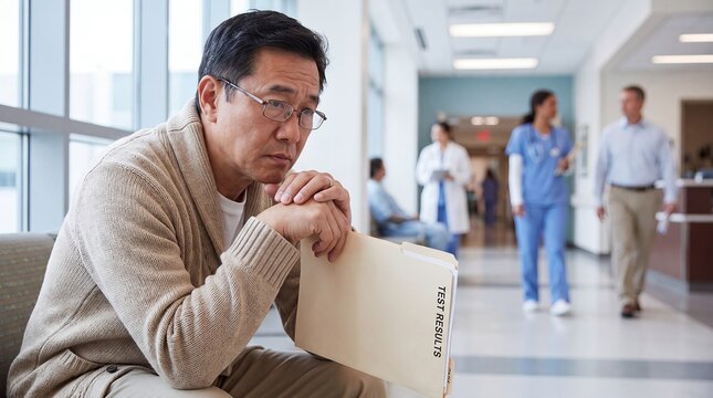 caregiver stress hospital waiting family man results worry exhaustion elderly showing a worried family member holding a test results folder for mental wellness education and support services