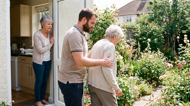 elderly care caregiver support walking garden family respite senior assistance showing a young man guiding an older woman into a garden for senior care services and family support campaigns