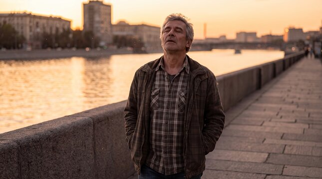 caregiver respite relaxation man walking outdoors wellbeing recovery balance sunset showing a mature man taking a quiet waterfront walk at sunset to restore calm for respite service campaigns