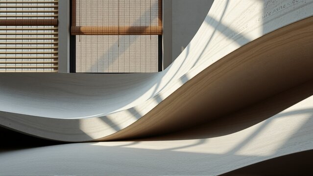 Open book pages, sunlight creates dramatic shadows, warm tones, minimalist composition. Focus on texture, light, paper layers.