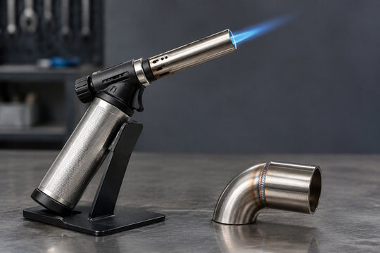 Heavy-duty metal torch with blue flame and metal joint sample on display stand, practical preparedness and hardware tool concept
