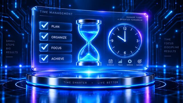Digital time management dashboard with checklist, hourglass, clock, and productivity planning interface