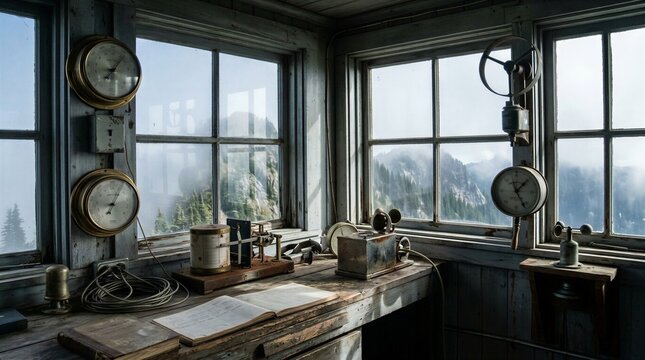 Classic weather observation tower cabin with scientific instruments and logbook