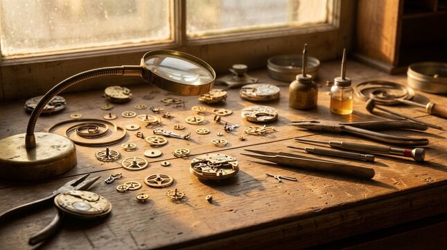 Vintage watchmaker workbench with disassembled gears parts and precision repair tools