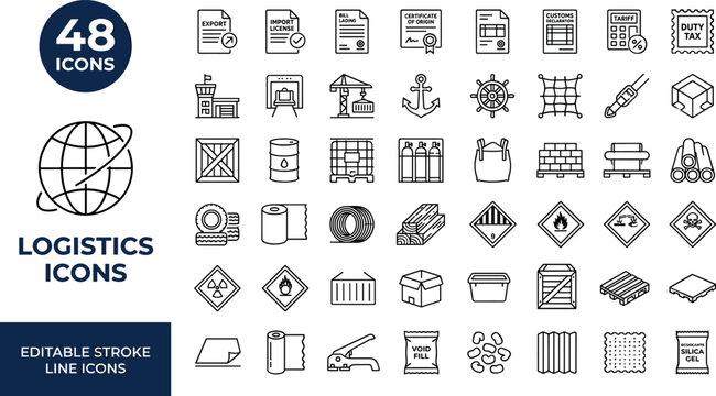 Logistics and global shipping documentation thin line icons collection