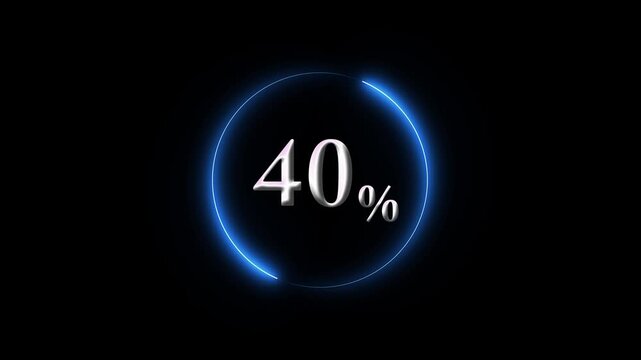 Neon blue circular loading progress bar animation with 40% percent counter, digital interface for ui ux and technology projects on black background 4k video