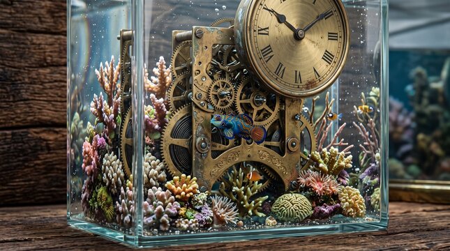 Vintage clock mechanism inside a glass aquarium with colorful coral reef decorations.