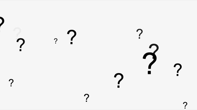 Question mark animation on white background, Question mark in motion pattern animation. Question mark sign animation. Animation of multitude glowing question marks flying.