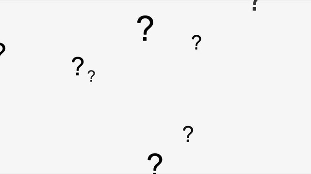 Question mark animation on white background, Question mark in motion pattern animation. Question mark sign animation. Animation of multitude glowing question marks flying.